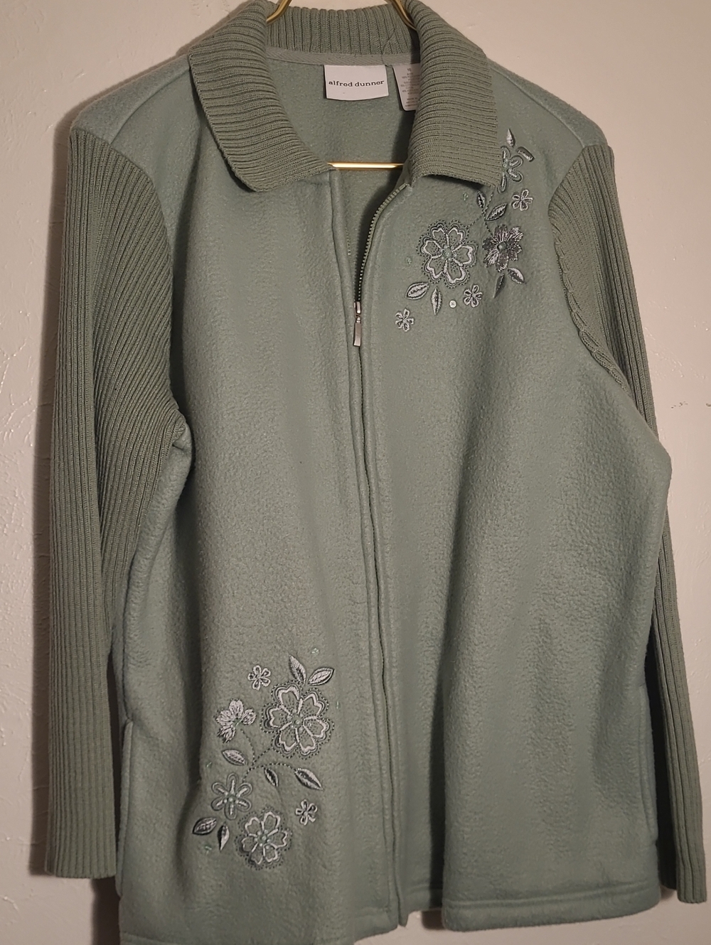 Alfred Dunner Sage Green Teddy Jacket with Floral Embroidery
